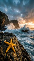 Orange starfish on rocky coastline with dramatic waves crashing against cliffs during golden hour sunset creating spectacular seascape for travel and nature themes.