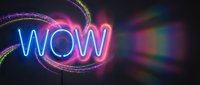 Neon WOW text with glowing particle trails and colorful bokeh lights on dark background for advertising and promotional designs.
