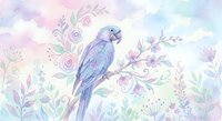 Blue parrot perched on flowering branch with purple roses and delicate foliage against soft watercolor background for nursery decor and greeting cards.