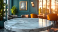 Luxurious round marble table in modern restaurant interior with green walls, orange chairs and warm sunset light through windows creates cozy atmosphere.