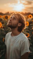 Young man with beard in white t-shirt looking up thoughtfully in sunflower field during golden sunset, warm atmospheric lighting creates dreamy summer mood.