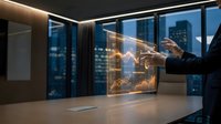 Businessman analyzing financial data on transparent holographic display in modern office with city skyline view at night showing growth charts.