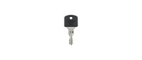 Metal door key with black plastic head isolated on white background, ready for security, locksmith, and real estate design use.