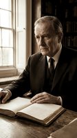Senior businessman in formal dark suit and tie reading open book at wooden desk by window in classic office setting, suitable for corporate, professional, education, and business concepts.