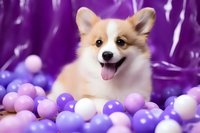 Happy Pembroke Welsh Corgi puppy surrounded by pink and purple balloons against purple background, showing tongue and smiling expression for pet photography.