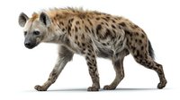 Spotted hyena walking in profile view on white background, isolated wild African predator with distinctive fur pattern and muscular build for nature designs.