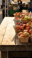 Fresh organic peaches and apples displayed in wicker baskets on rustic wooden table at farmers market stand with warm sunlight creating natural shadows.