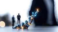 Glowing blue and gold spiral staircase with silhouetted businessman standing at top, symbolizing success, growth and leadership in corporate world.