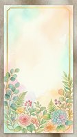 Watercolor floral card with gold frame, pastel roses, hydrangeas, ferns and berries, soft mint and peach tones, copy space for text.