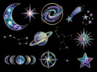 Celestial clipart set with moon, galaxy, Saturn, stars, compass rose, constellations, and moon phases, isolated on transparent background, ready for stickers, sublimation, and t-shirt design.