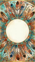 Boho feather mandala frame with turquoise, coral, and cream tones featuring ornamental patterns and geometric designs. Isolated circular border ready for text, invitations, or design projects.