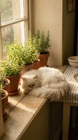 Fluffy white cat sleeping peacefully on wooden windowsill next to potted herbs in warm sunlight streaming through vintage window in cozy home interior.