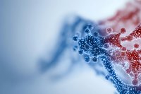 Abstract microscopic view of molecular structures in red and blue colors showing scientific research visualization with selective focus and depth of field.