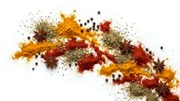 Colorful spice powder explosion with turmeric, paprika, cumin and star anise scattered on white background for culinary design projects.