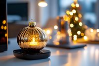 Glowing glass Christmas ornament with warm candlelight on windowsill against blurred festive tree lights creating cozy holiday atmosphere.