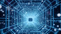 Digital tunnel with glowing blue grid lines and bright light at center creating futuristic cyber corridor for technology and data concepts.
