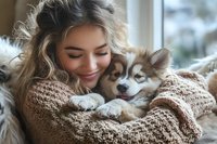 Young Caucasian woman in cozy knit sweater cuddling with husky puppy at home. Warm natural lighting creates intimate atmosphere for lifestyle and pet photography.