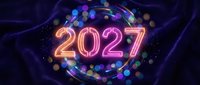Glowing neon 2027 numbers with colorful bokeh lights and energy waves on dark blue background for New Year celebration and future technology concepts.