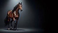Majestic brown horse standing in dramatic spotlight against dark background, showcasing elegant equine form and powerful stance for luxury branding.
