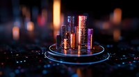 Futuristic glowing skyscrapers on illuminated platform with neon lights and bokeh effect. Modern cityscape miniature with orange and purple color scheme.