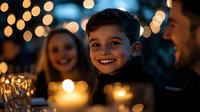 Happy young boy smiling at family dinner with warm bokeh lights creating festive atmosphere for holiday celebrations and gatherings.