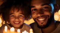 Young African American father and daughter share joyful smiles in warm candlelight setting, creating intimate family moment with bokeh lights in background.