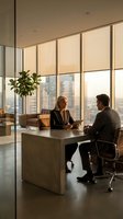 Two professionals conduct a business meeting in a modern high-rise office with floor-to-ceiling windows overlooking the city skyline. Ideal for corporate, recruitment, and business communication concepts.