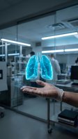Holographic lungs floating above doctor hand in modern medical laboratory for respiratory health research and pulmonology education concepts.
