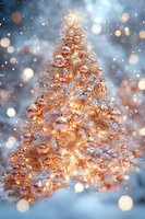 Glowing Christmas tree decorated with rose gold ornaments and warm lights against snowy winter background with magical bokeh effect and falling snow.