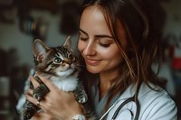 Young female veterinarian in white coat holding and examining striped cat while smiling. Professional medical care for pets concept captured in moody lighting.