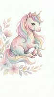 Watercolor unicorn with rainbow mane sitting among pastel flowers on white background for nursery decor and children's design projects.