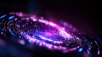 Glowing spiral galaxy formation with purple and blue particles in dark space, digital visualization showing cosmic dust and stars in motion. Macro photography.