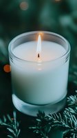 Glowing white scented candle in glass jar surrounded by pine branches creates cozy winter atmosphere with soft bokeh lights and emerald green background.