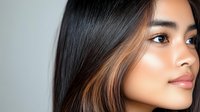 Young Asian woman with glowing natural makeup and healthy long dark hair with subtle highlights against light background, side view portrait showing radiant skin.