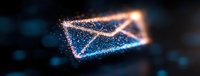 Glowing digital envelope made of connected dots and lines on dark background with blue bokeh effect, representing electronic mail communication and networking.