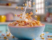 Milk splash in blue ceramic bowl with floating cereal rings and strawberries creating dynamic breakfast composition against blurred kitchen background.