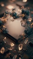 Glowing particles and smoke burst from microchip circuit board in abstract digital art, representing data processing, artificial intelligence, and technology innovation for tech concepts.