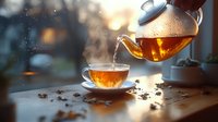 Steaming hot tea pouring from glass teapot into transparent cup on wooden table with scattered coffee beans and morning sunlight creating cozy atmosphere.