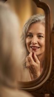Mature Caucasian woman applying red lipstick while looking in vintage mirror, self-care beauty routine in warm golden lighting for skincare and cosmetics.