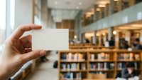 Hand holding blank white card in modern library with bookshelves and blurred background, suitable for business branding and marketing materials.