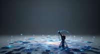 Silhouette of person holding umbrella standing on digital network map with glowing blue connection points and data nodes, representing cybersecurity, data protection, and global connectivity for tech concepts.