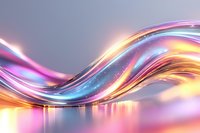 Flowing abstract wave with luminous multicolored light effects in pink, blue and golden hues creating dynamic motion against soft gray background with reflections.