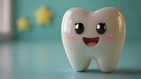 Smiling cartoon tooth character with cute facial features on turquoise background, perfect for dental care advertising and children's oral health education.