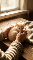 Ginger kitten being held by person in cozy sweater near sunny window with wooden sill and warm blanket, conveying comfort and pet care.