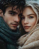 Young couple in cozy winter scarves sharing intimate moment outdoors. Romantic portrait of man and woman with warm clothing during cold season.