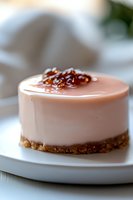 Mini pink mousse dessert with caramel garnish on graham cracker base, served on white plate. Elegant pastry with smooth texture and delicate finish.