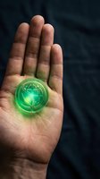 Open palm holding glowing green globe symbol representing environmental protection and sustainability for Earth Day campaigns and eco-friendly business concepts.