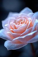 Delicate pink rose bloom with soft petals glowing against dark background, featuring ethereal lighting and dreamy macro photography details.