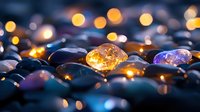 Glowing amber gemstone surrounded by dark polished stones with warm bokeh lights creating magical atmosphere for luxury jewelry designs.