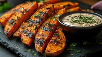Grilled sweet potato wedges with charred grill marks served on black stone plate with creamy herb dipping sauce, garnished with fresh parsley. Perfect for food blogs.